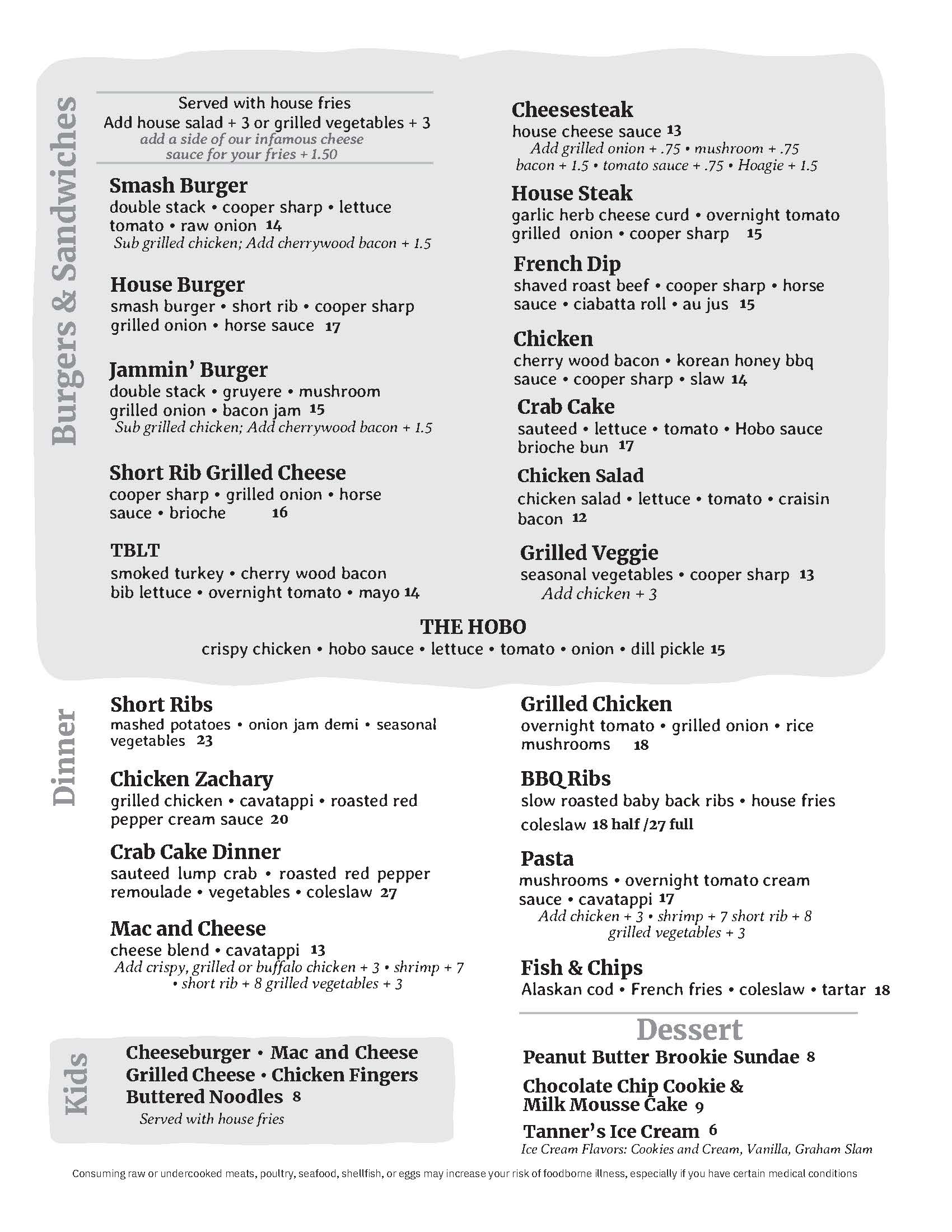 The menu for a restaurant is shown in black and white.